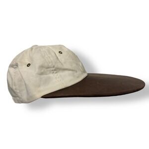 J. Peterman 6 Panel Leather Brim Long Bill Hat Cap Ivory Fly Fishing Polo M L